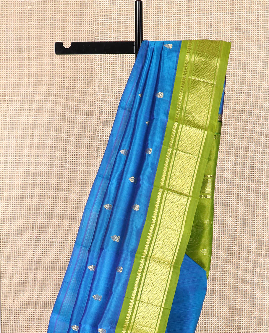 Blue zari buttas kanchipuram silk saree, contrast korvai border of thilakam mokku, banaras, and jaal designs, and zari design pallu - Image 3