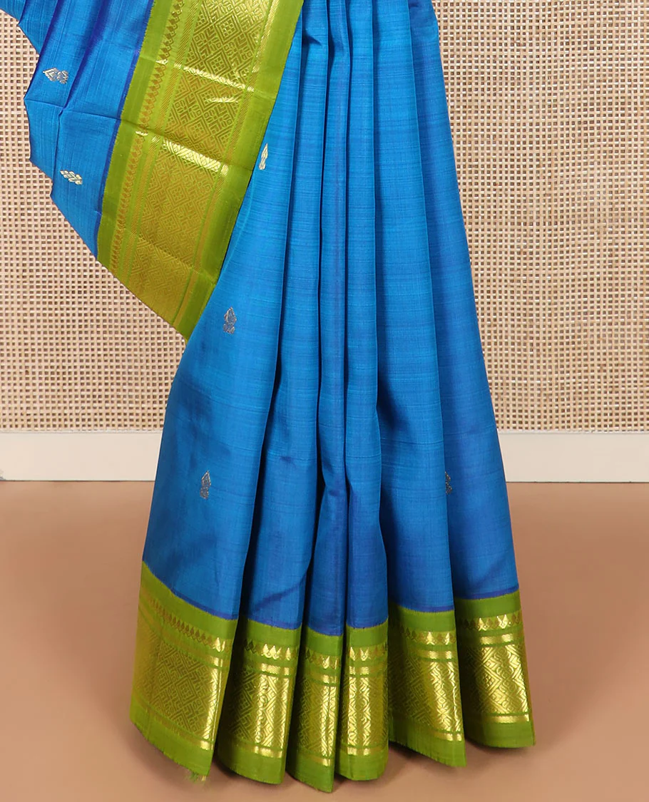 Blue zari buttas kanchipuram silk saree, contrast korvai border of thilakam mokku, banaras, and jaal designs, and zari design pallu - Image 4