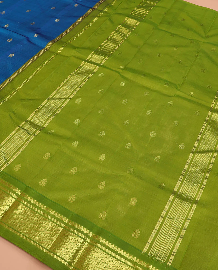 Blue zari buttas kanchipuram silk saree, contrast korvai border of thilakam mokku, banaras, and jaal designs, and zari design pallu - Image 5
