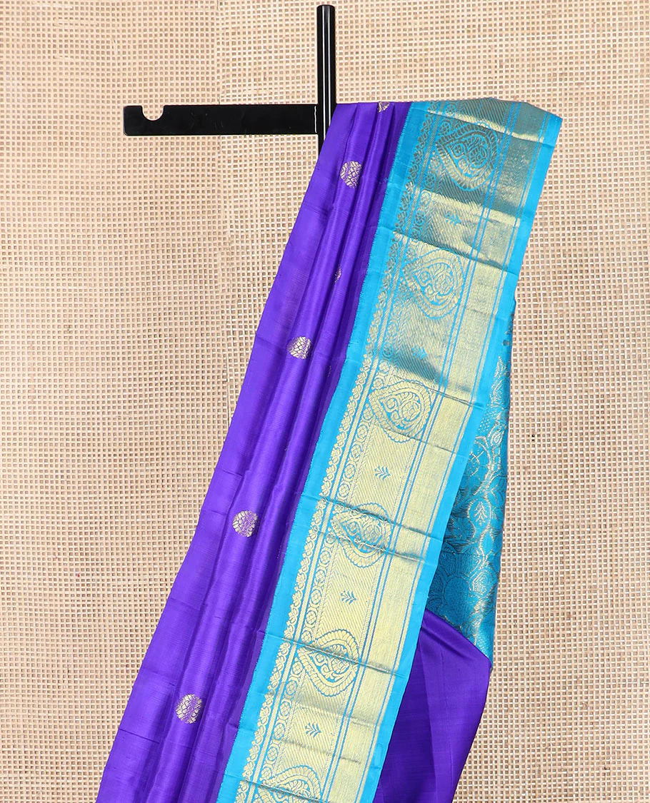 Blue zari buttas kanchipuram silk saree, contrast korvai border of zari designs, and pallu of floral and mayil designs - Image 3