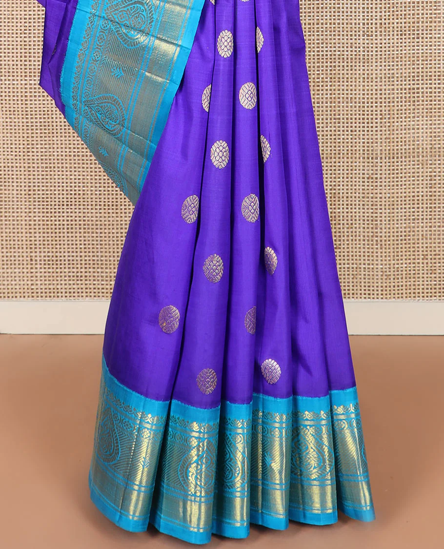 Blue zari buttas kanchipuram silk saree, contrast korvai border of zari designs, and pallu of floral and mayil designs - Image 4
