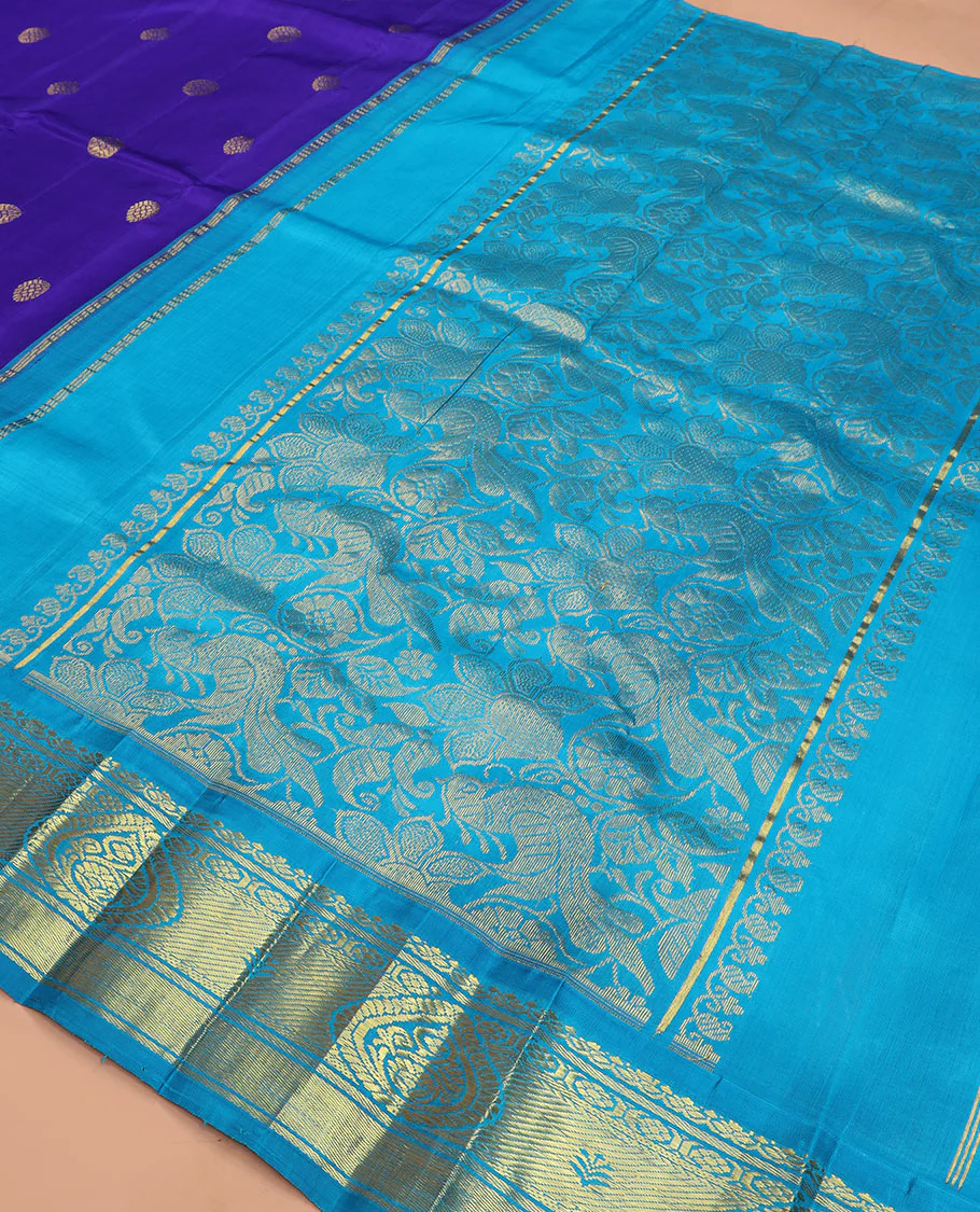 Blue zari buttas kanchipuram silk saree, contrast korvai border of zari designs, and pallu of floral and mayil designs - Image 5