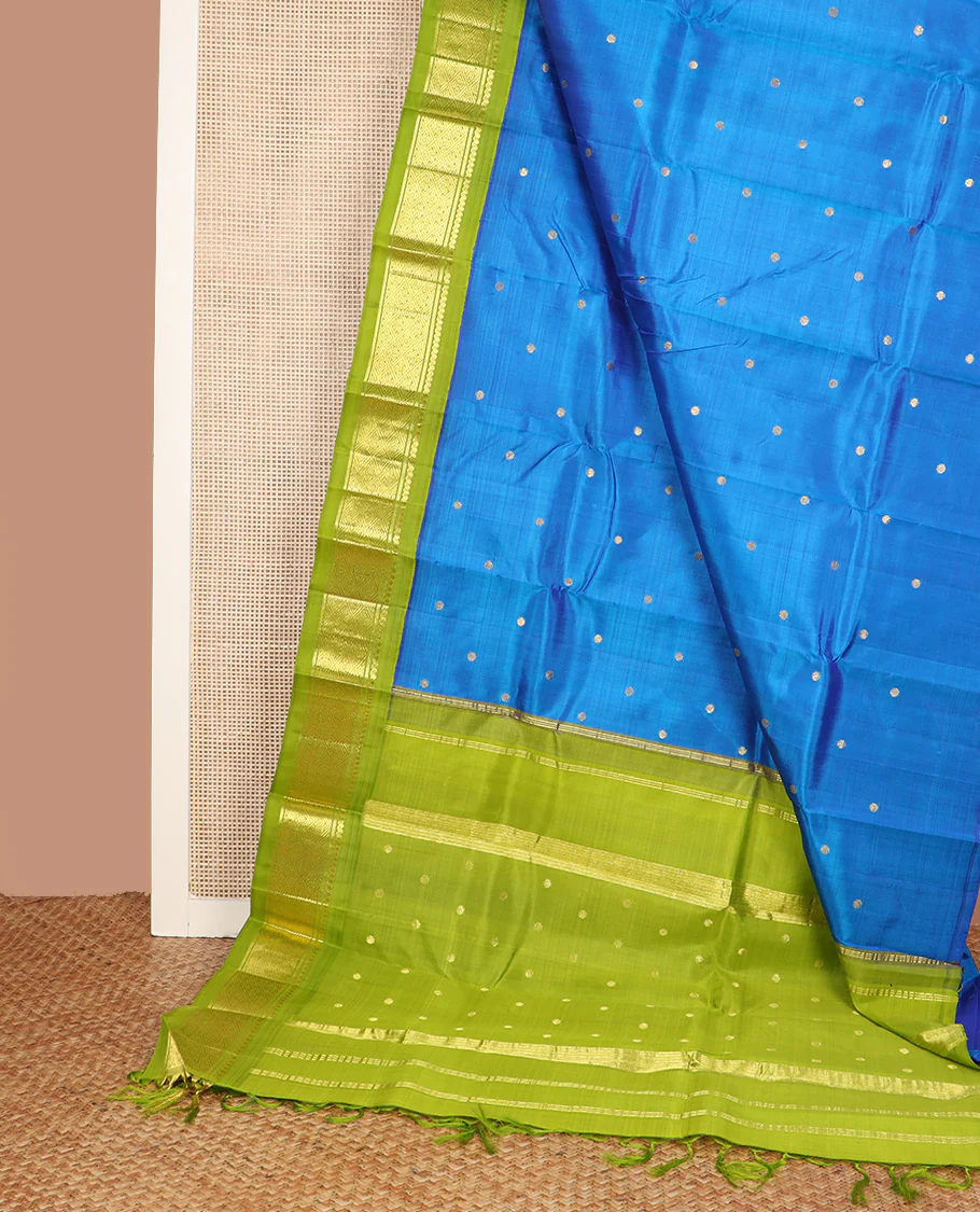 Blue zari buttas Kanchipuram silk saree, contrast one-sided korvai border of salngai, banaras and jaal design, and zari woven pallu - Image 3
