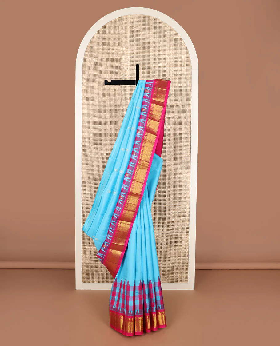 Blue zari buttas Kanchipuram silk saree, contrast thazampoo rekku border of mayil & jaal design & zari design pallu