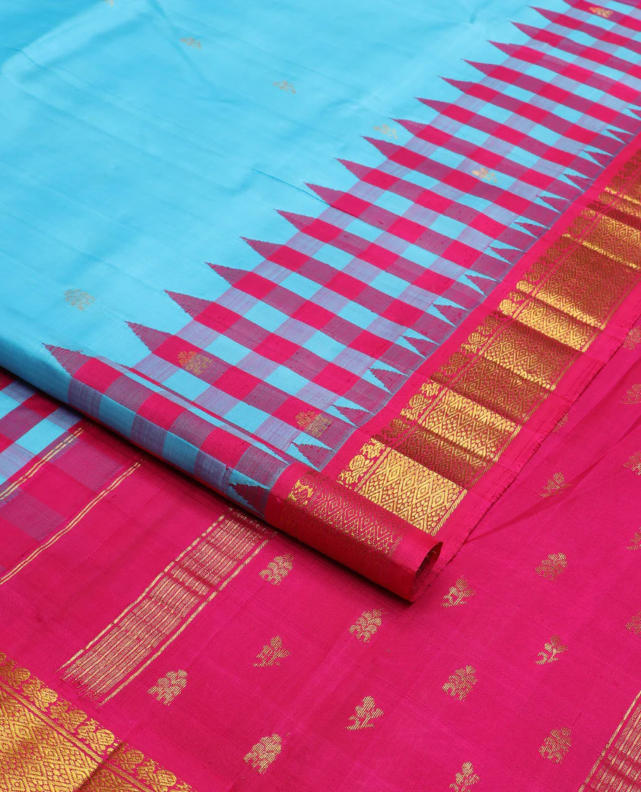 Blue zari buttas Kanchipuram silk saree, contrast thazampoo rekku border of mayil & jaal design & zari design pallu - Image 2