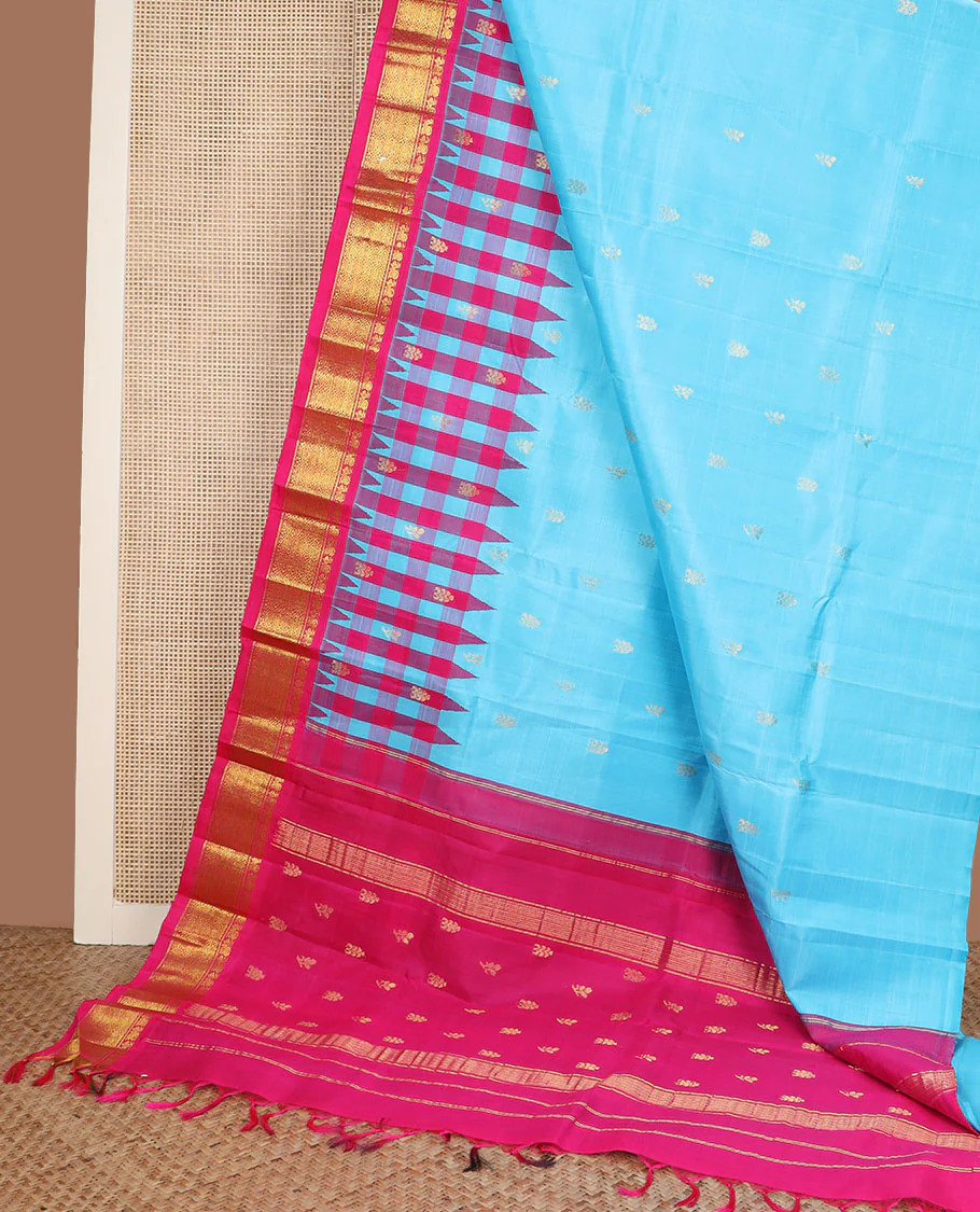 Blue zari buttas Kanchipuram silk saree, contrast thazampoo rekku border of mayil & jaal design & zari design pallu - Image 3