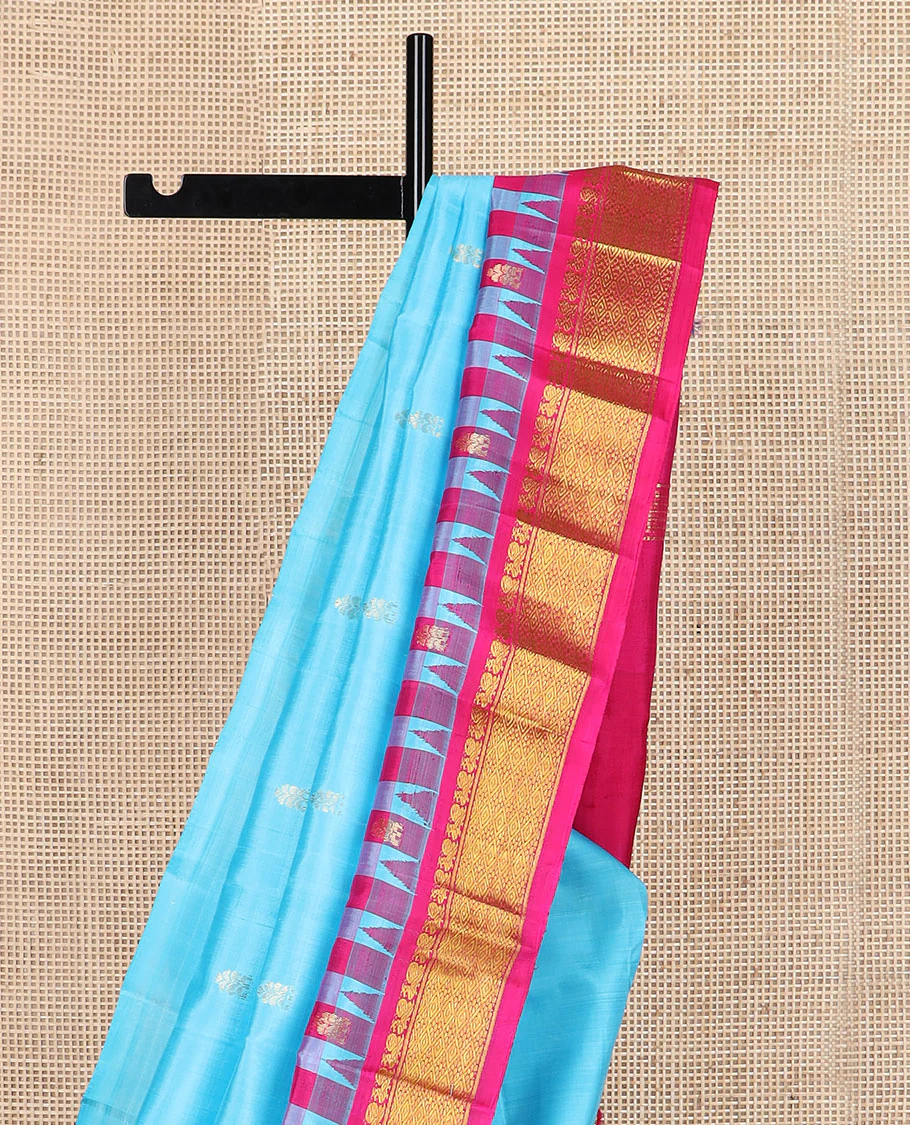 Blue zari buttas Kanchipuram silk saree, contrast thazampoo rekku border of mayil & jaal design & zari design pallu - Image 4
