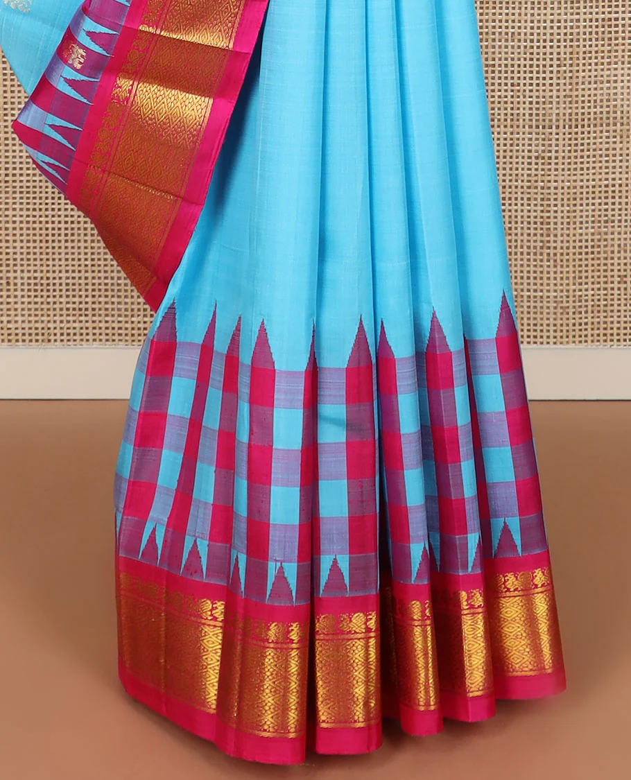 Blue zari buttas Kanchipuram silk saree, contrast thazampoo rekku border of mayil & jaal design & zari design pallu - Image 5