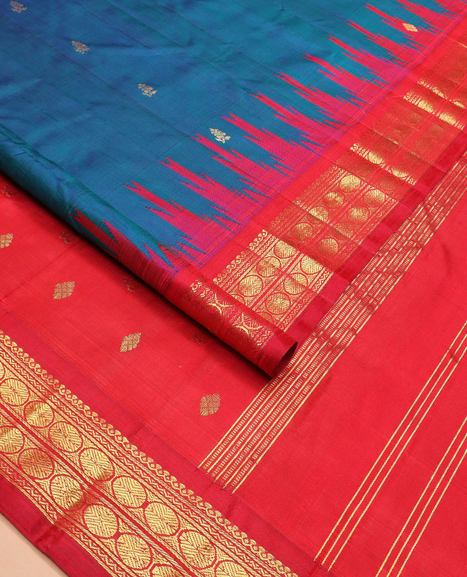 Blue zari buttas Kanchipuram silk saree, contrast thazampoo rekku border of salngai, neli, and rudraksham designs, and zari design pallu - Image 2