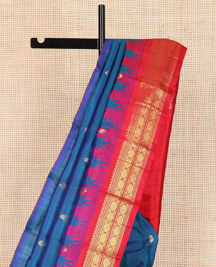 Blue zari buttas Kanchipuram silk saree, contrast thazampoo rekku border of salngai, neli, and rudraksham designs, and zari design pallu - Image 3