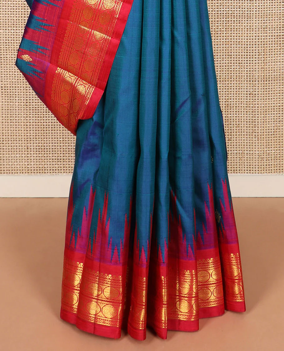 Blue zari buttas Kanchipuram silk saree, contrast thazampoo rekku border of salngai, neli, and rudraksham designs, and zari design pallu - Image 4