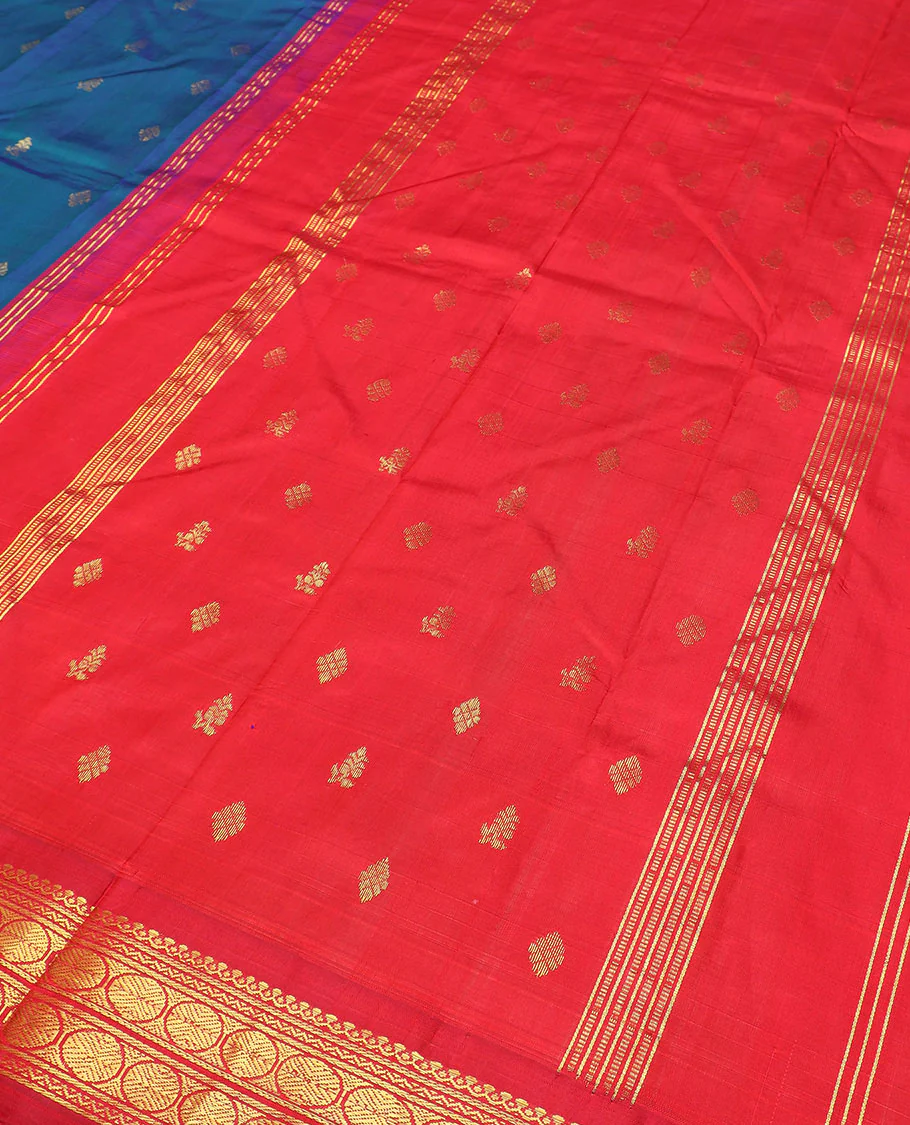 Blue zari buttas Kanchipuram silk saree, contrast thazampoo rekku border of salngai, neli, and rudraksham designs, and zari design pallu - Image 5