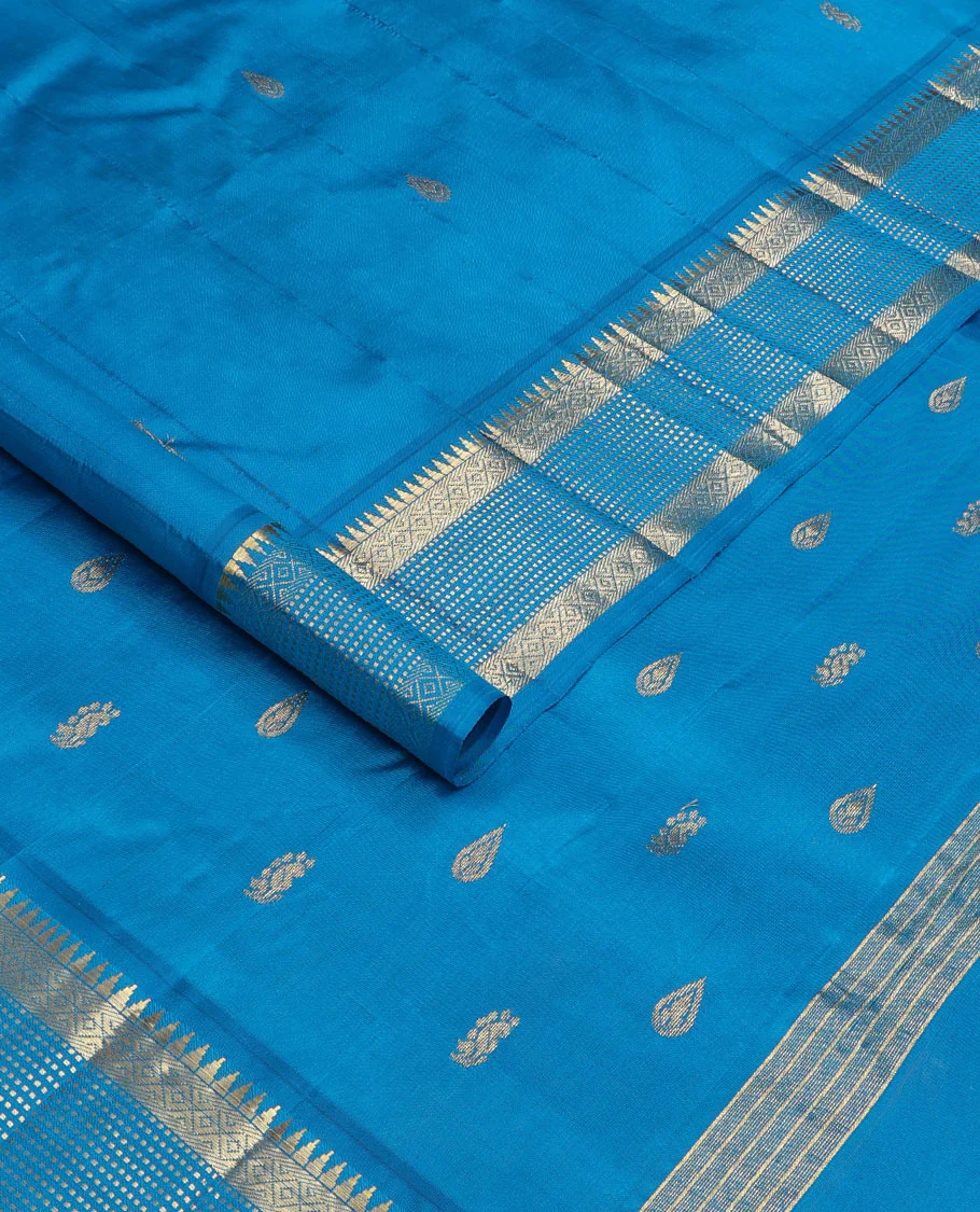 Blue zari buttas Kanchipuram silk saree, one-sided zari border of rekku, banaras, diamond, and muthu designs , and zari design pallu - Image 2