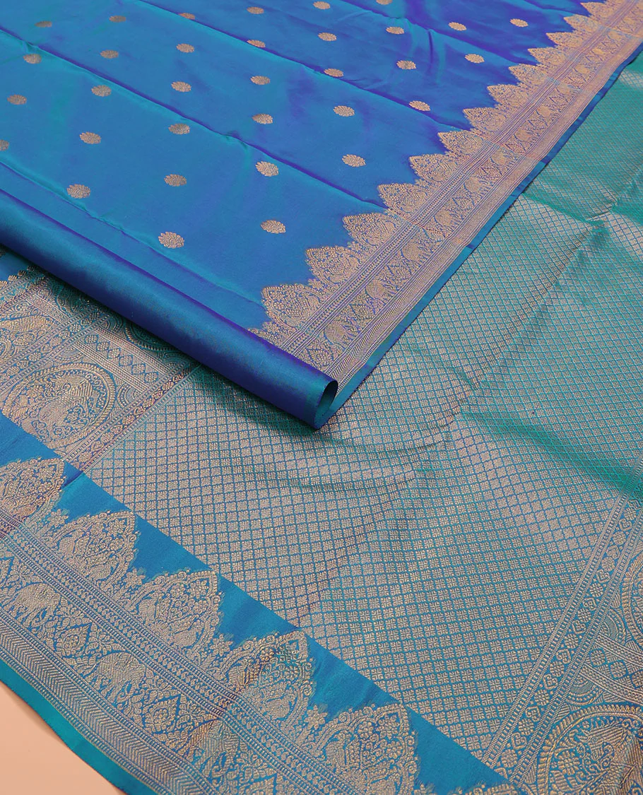 Blue zari buttas Kanchipuram silk saree, zari border of mayil, and yaanai designs, and jaal pallu - Image 2