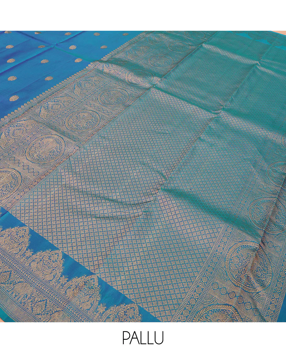 Blue zari buttas Kanchipuram silk saree, zari border of mayil, and yaanai designs, and jaal pallu - Image 5