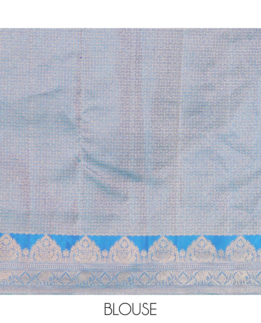 Blue zari buttas Kanchipuram silk saree, zari border of mayil, and yaanai designs, and jaal pallu - Image 6