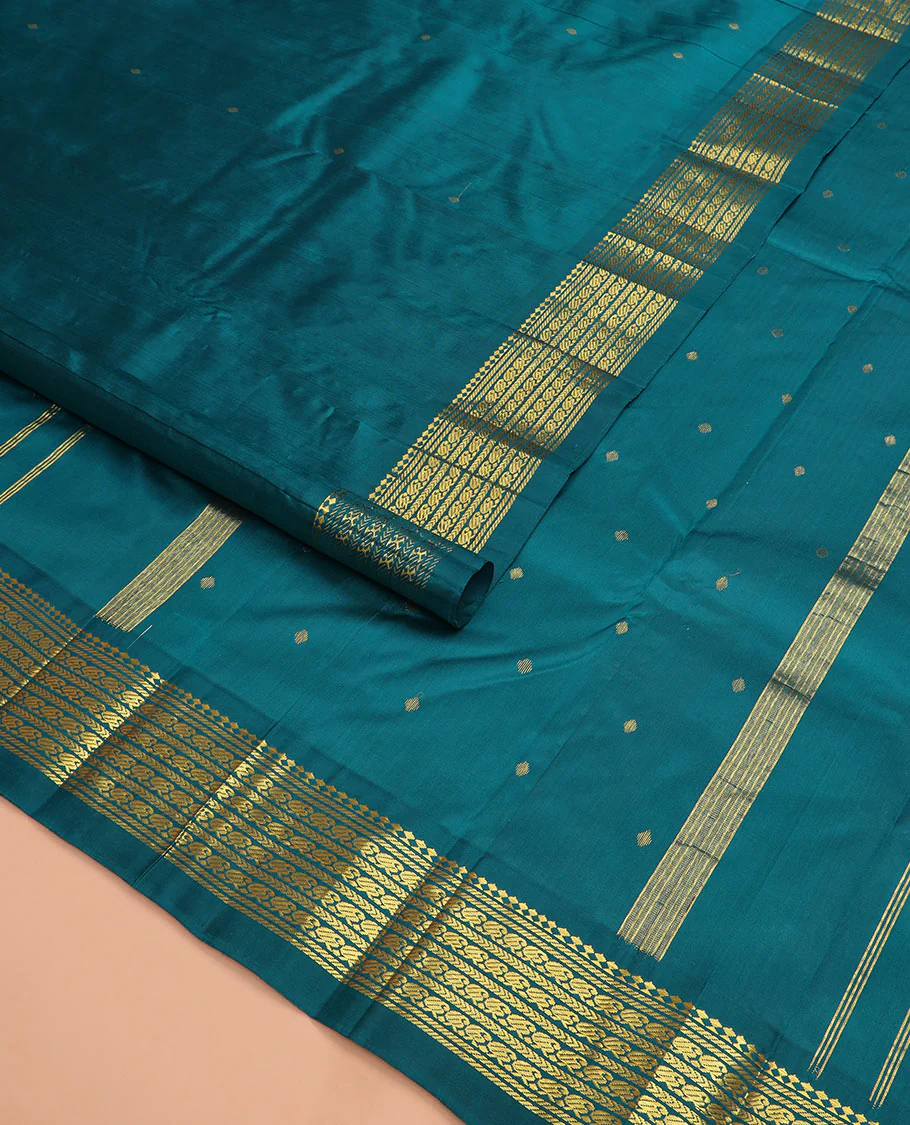 Blue zari buttas Kanchipuram silk saree, zari one-sided border of paneer sombu, banaras, kathir, manga mokku designs, and zari design pallu - Image 2
