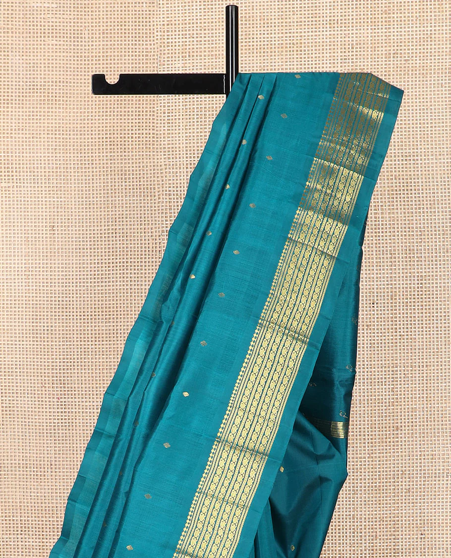 Blue zari buttas Kanchipuram silk saree, zari one-sided border of paneer sombu, banaras, kathir, manga mokku designs, and zari design pallu - Image 3