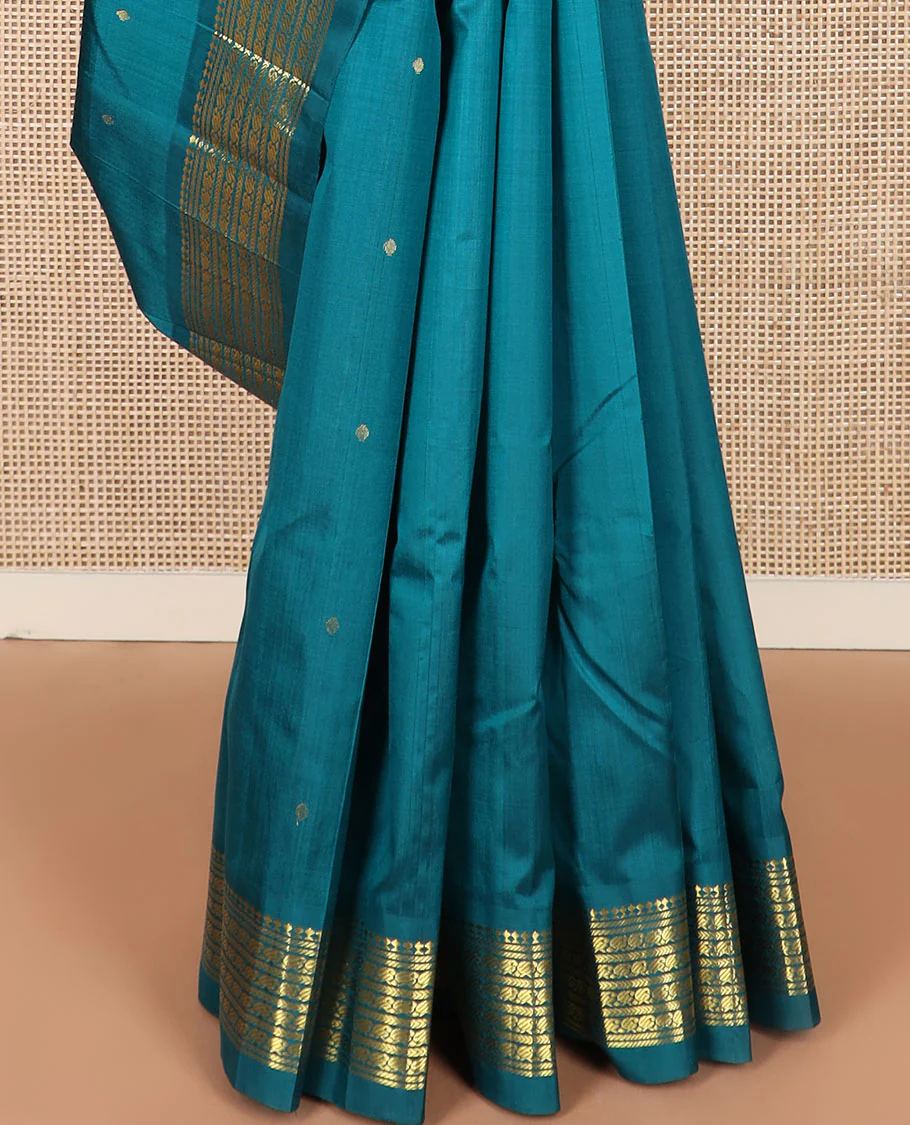 Blue zari buttas Kanchipuram silk saree, zari one-sided border of paneer sombu, banaras, kathir, manga mokku designs, and zari design pallu - Image 4