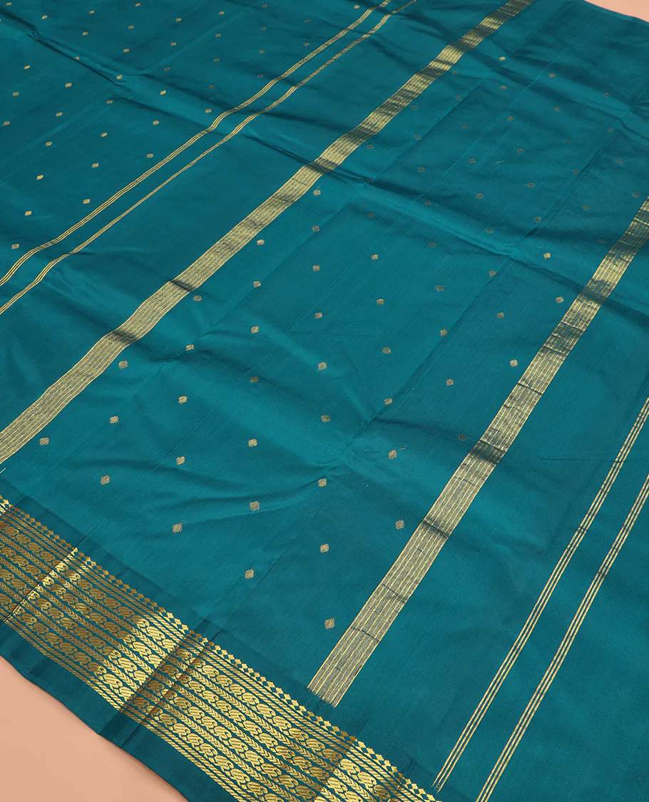 Blue zari buttas Kanchipuram silk saree, zari one-sided border of paneer sombu, banaras, kathir, manga mokku designs, and zari design pallu - Image 5
