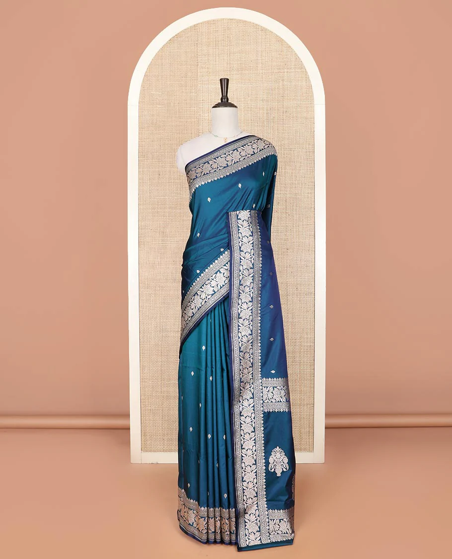 Blue zari buttas mushru silk saree, self-border of floral creeper designs, and flower vase buttas woven pallu - Image 2