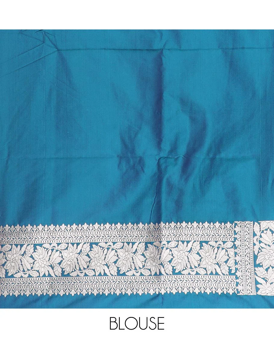 Blue zari buttas mushru silk saree, self-border of floral creeper designs, and flower vase buttas woven pallu - Image 4