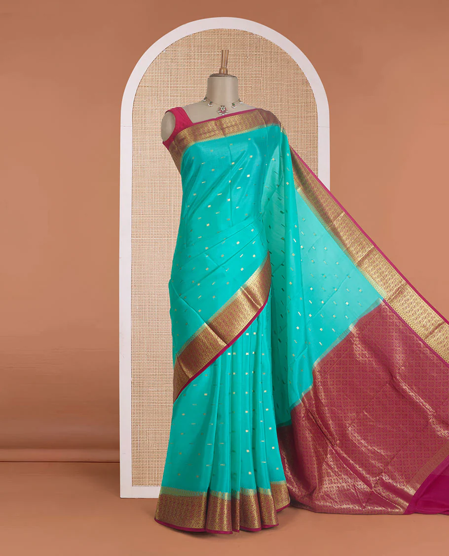Green zari buttas Mysore silk saree, contrast floral design border, and pallu of jaal design - Image 2