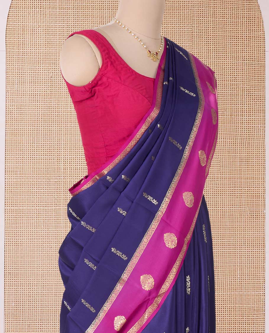 Blue zari buttas Mysore silk saree, contrast traditional zari border, and jaal pallu - Image 3