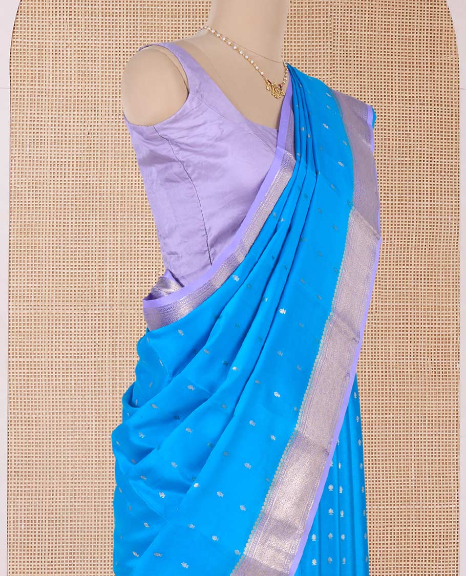 Blue zari buttas Mysore silk saree, contrast traditional zari border, and zari rich jaal pallu - Image 4