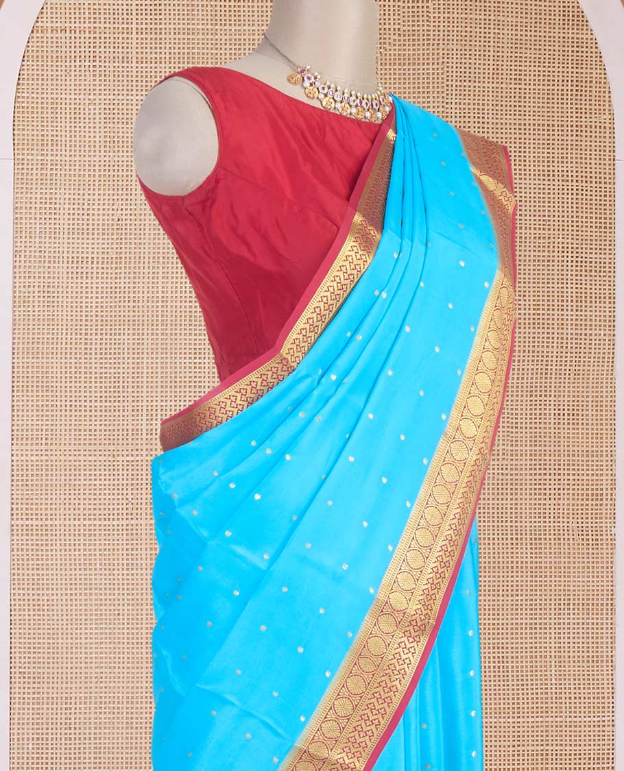 Blue zari buttas Mysore silk saree, contrast traditional zari border & intricately zari woven pallu - Image 3