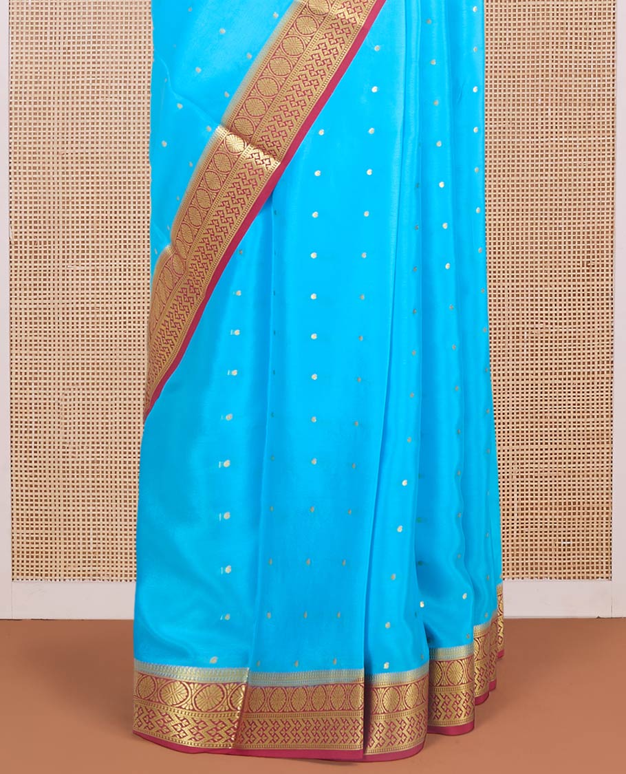 Blue zari buttas Mysore silk saree, contrast traditional zari border & intricately zari woven pallu - Image 4