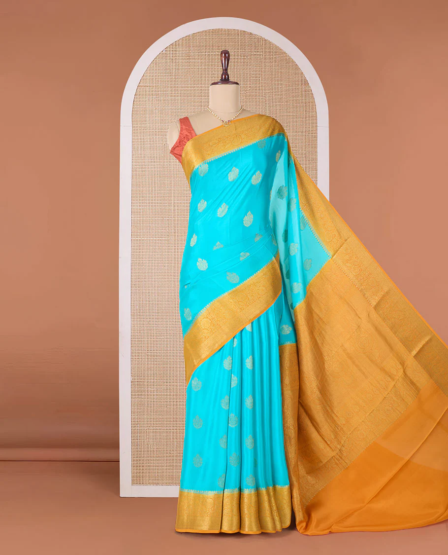 Blue zari buttas Mysore silk saree, contrast traditional zari border of floral creeper designs, and intricately woven pallu - Image 2