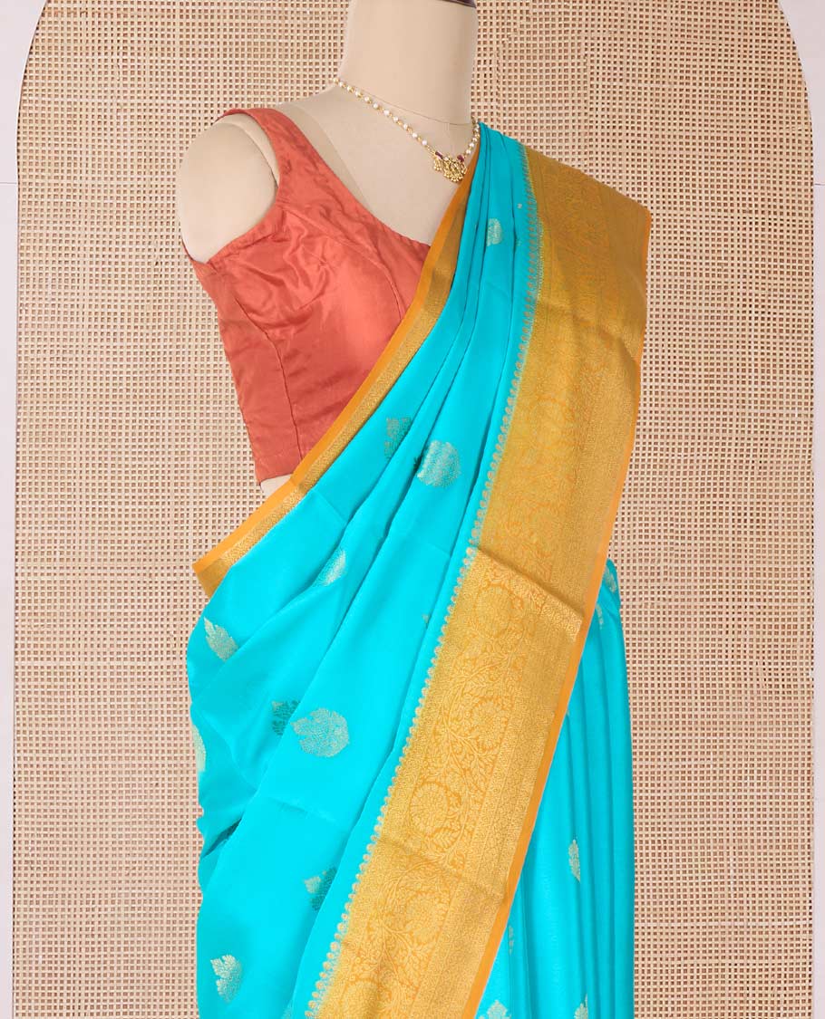 Blue zari buttas Mysore silk saree, contrast traditional zari border of floral creeper designs, and intricately woven pallu - Image 3