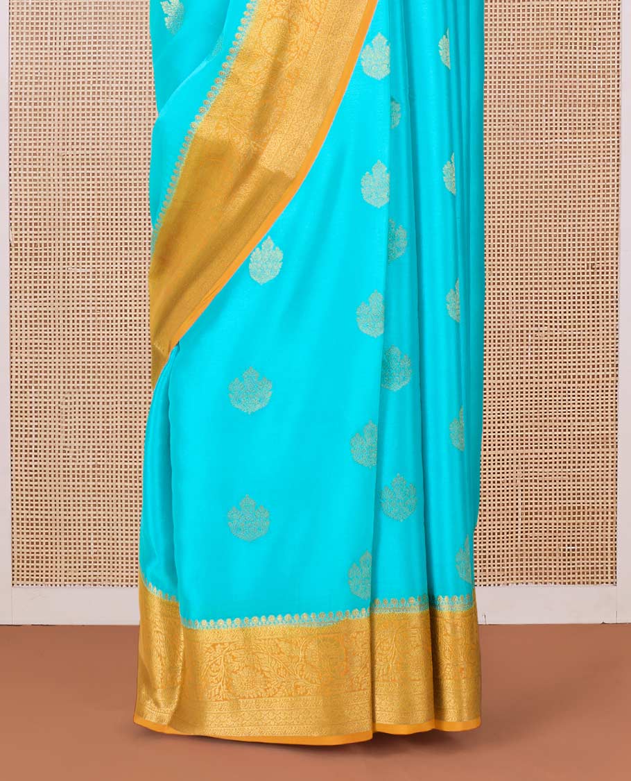 Blue zari buttas Mysore silk saree, contrast traditional zari border of floral creeper designs, and intricately woven pallu - Image 4