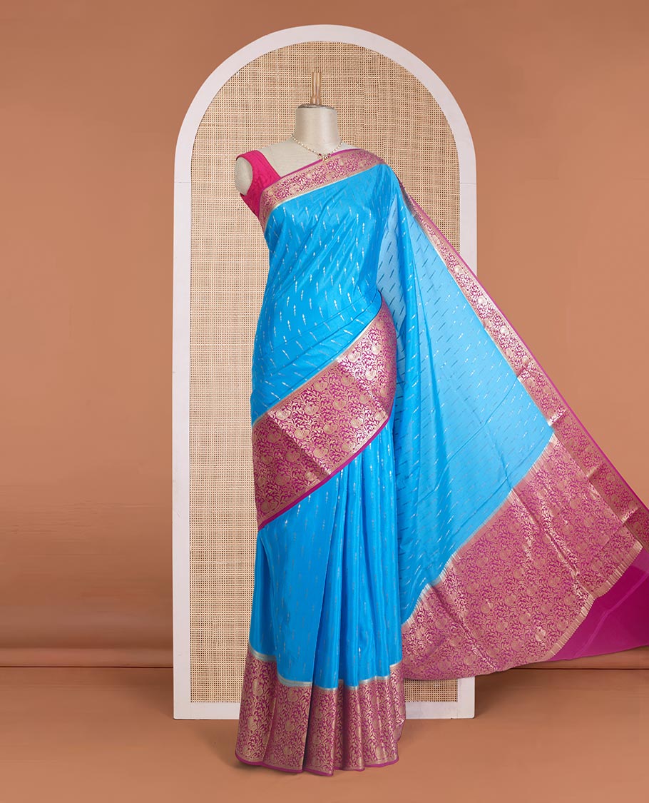 Blue zari buttas Mysore silk saree, contrast zari border, and pallu of peacock, and floral jaal design - Image 2