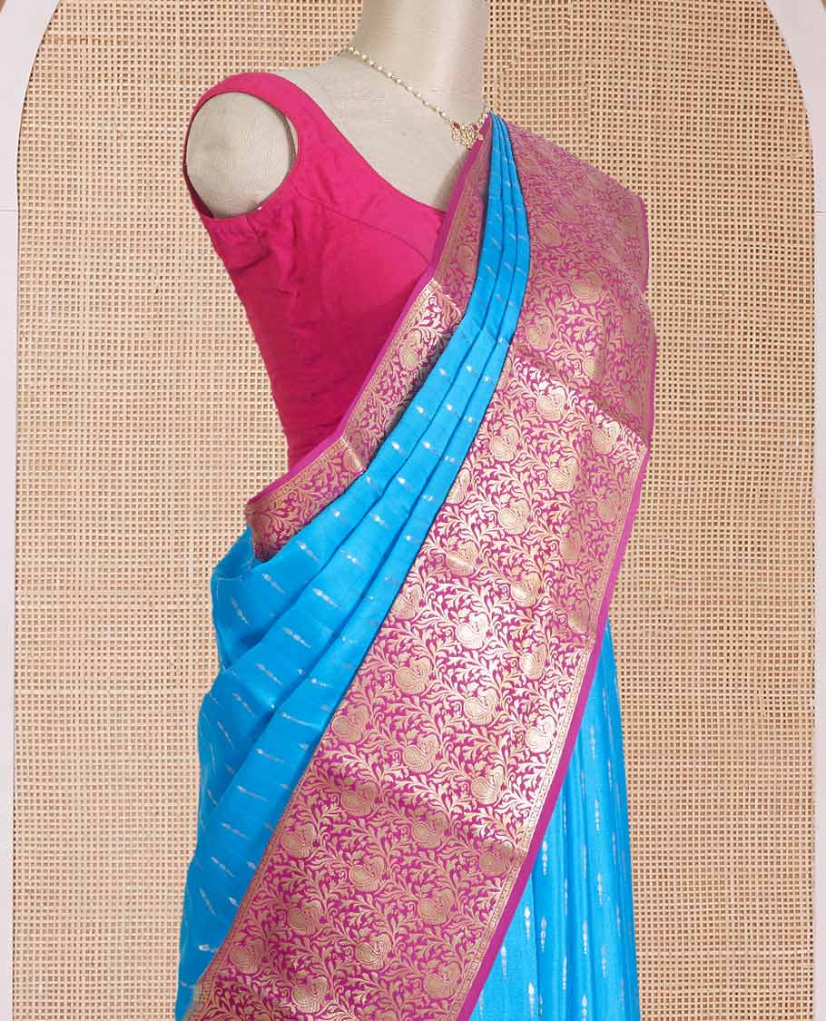 Blue zari buttas Mysore silk saree, contrast zari border, and pallu of peacock, and floral jaal design - Image 3