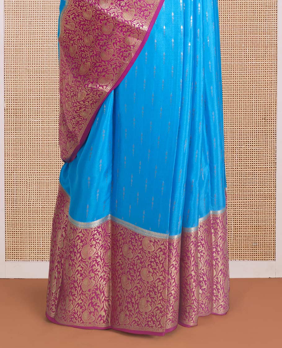 Blue zari buttas Mysore silk saree, contrast zari border, and pallu of peacock, and floral jaal design - Image 4
