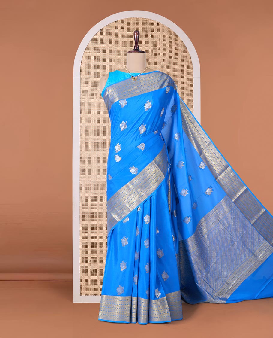Blue zari buttas Mysore silk saree, traditional zari border, and pallu - Image 2