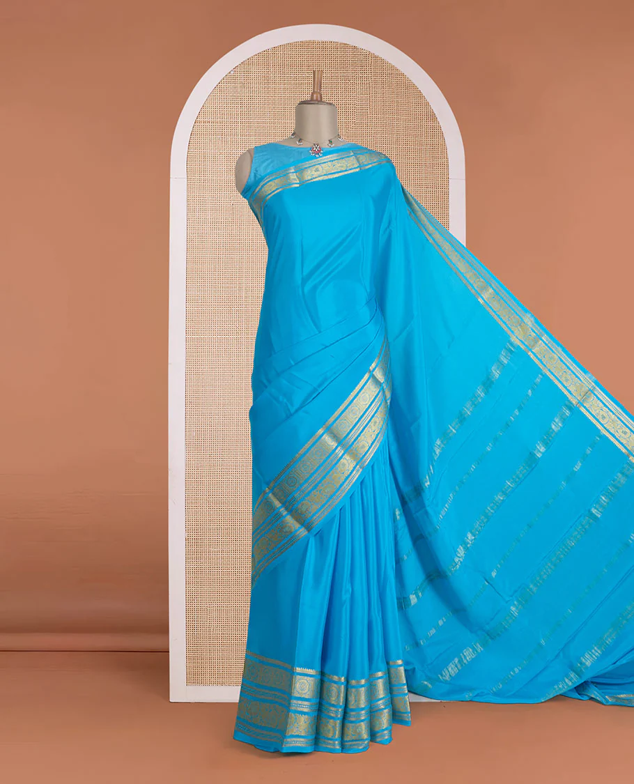 Blue zari buttas Mysore silk saree, zari border of chakram and floral creeper designs, and zari woven pallu - Image 2