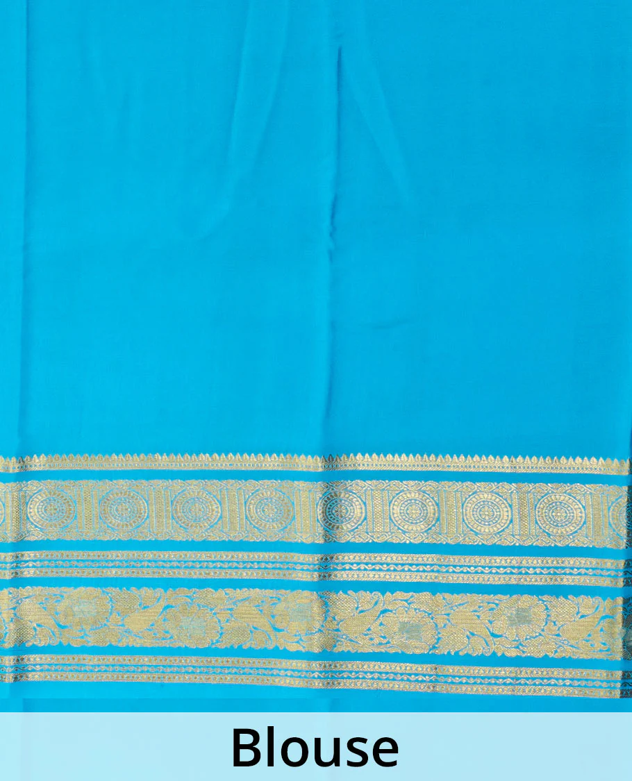 Blue zari buttas Mysore silk saree, zari border of chakram and floral creeper designs, and zari woven pallu - Image 5