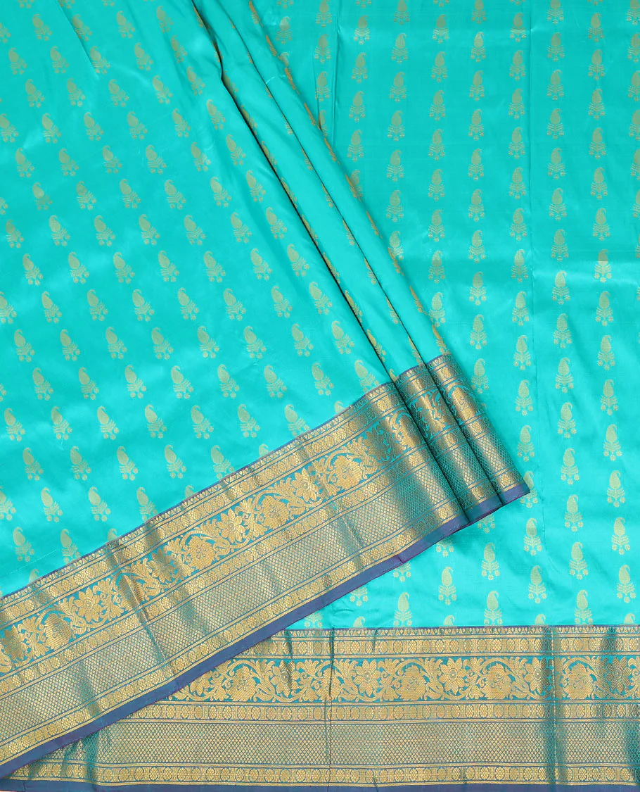 Blue zari buttas pure-silk half-saree with contrast border of laddu kamalam, kodi visiry, and mayil kann designs, contrast zari bordered blouse, and jaal design dhavani - Image 2