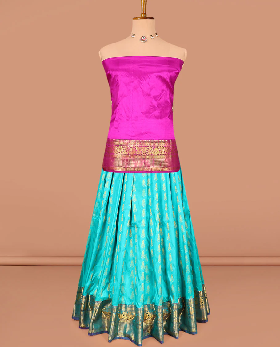 Blue zari buttas pure-silk half-saree with contrast border of laddu kamalam, kodi visiry, and mayil kann designs, contrast zari bordered blouse, and jaal design dhavani - Image 3