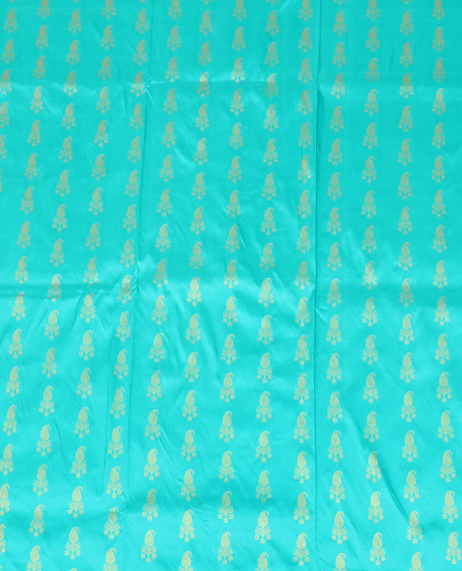 Blue zari buttas pure-silk half-saree with contrast border of laddu kamalam, kodi visiry, and mayil kann designs, contrast zari bordered blouse, and jaal design dhavani - Image 4