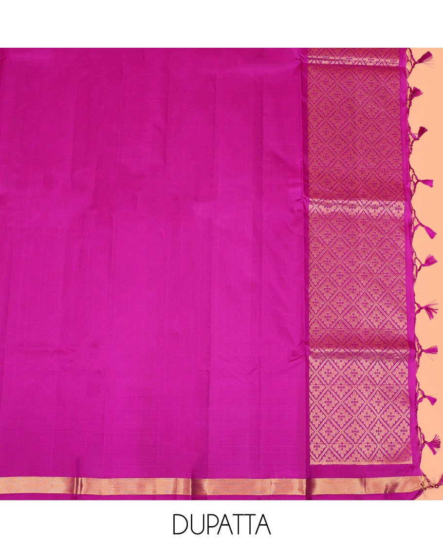 Blue zari buttas pure-silk half-saree with contrast border of laddu kamalam, kodi visiry, and mayil kann designs, contrast zari bordered blouse, and jaal design dhavani - Image 5