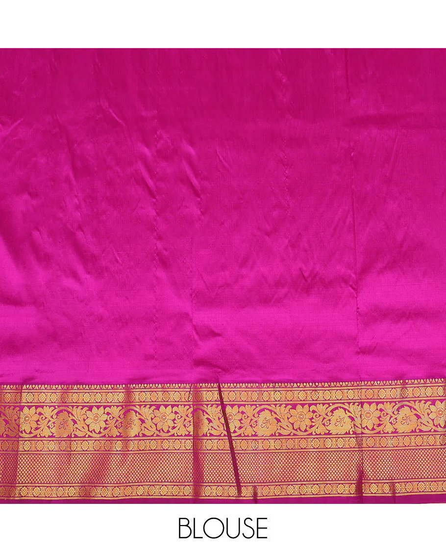 Blue zari buttas pure-silk half-saree with contrast border of laddu kamalam, kodi visiry, and mayil kann designs, contrast zari bordered blouse, and jaal design dhavani - Image 6
