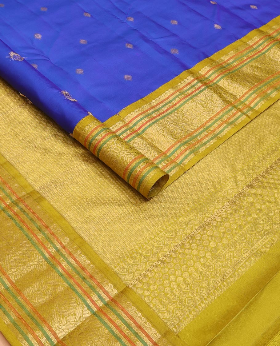 Blue zari buttas silk saree, contrast border of muthu,mayil kann,poun,kathir & floral design & neli striped pallu - Image 2