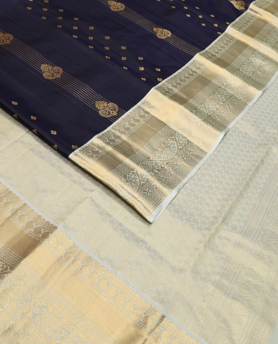 Blue zari buttas Vasundhara silk saree, contrast border of paisa, manga, and kodi visiry designs, and zari-rich jaal pallu - Image 2