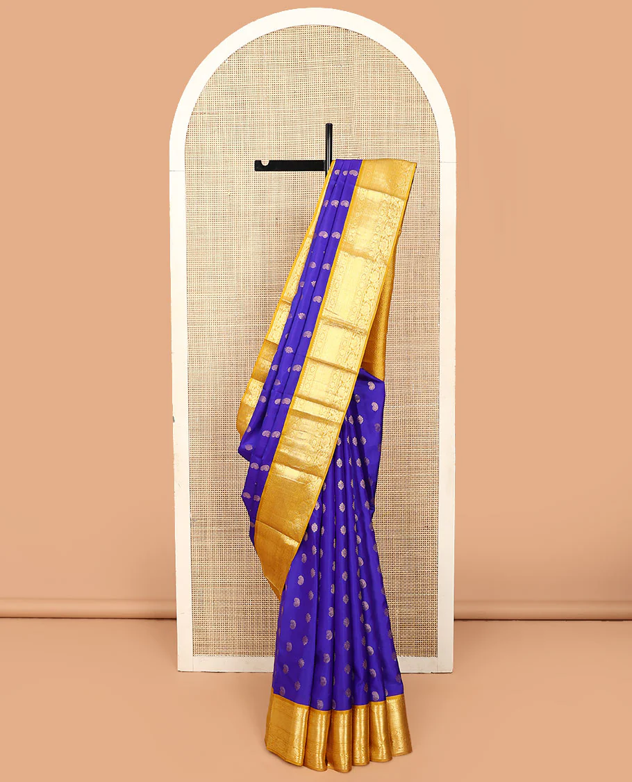 Blue zari buttas Vasundhara silk saree, contrast border of rekku, banaras, rudraksham, diamond, and kodi visiry designs, and jaal pallu