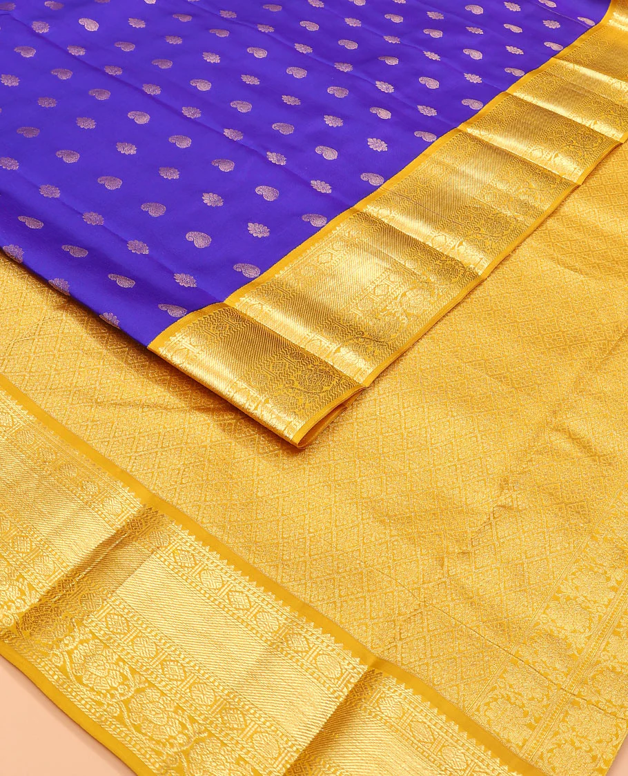 Blue zari buttas Vasundhara silk saree, contrast border of rekku, banaras, rudraksham, diamond, and kodi visiry designs, and jaal pallu - Image 2
