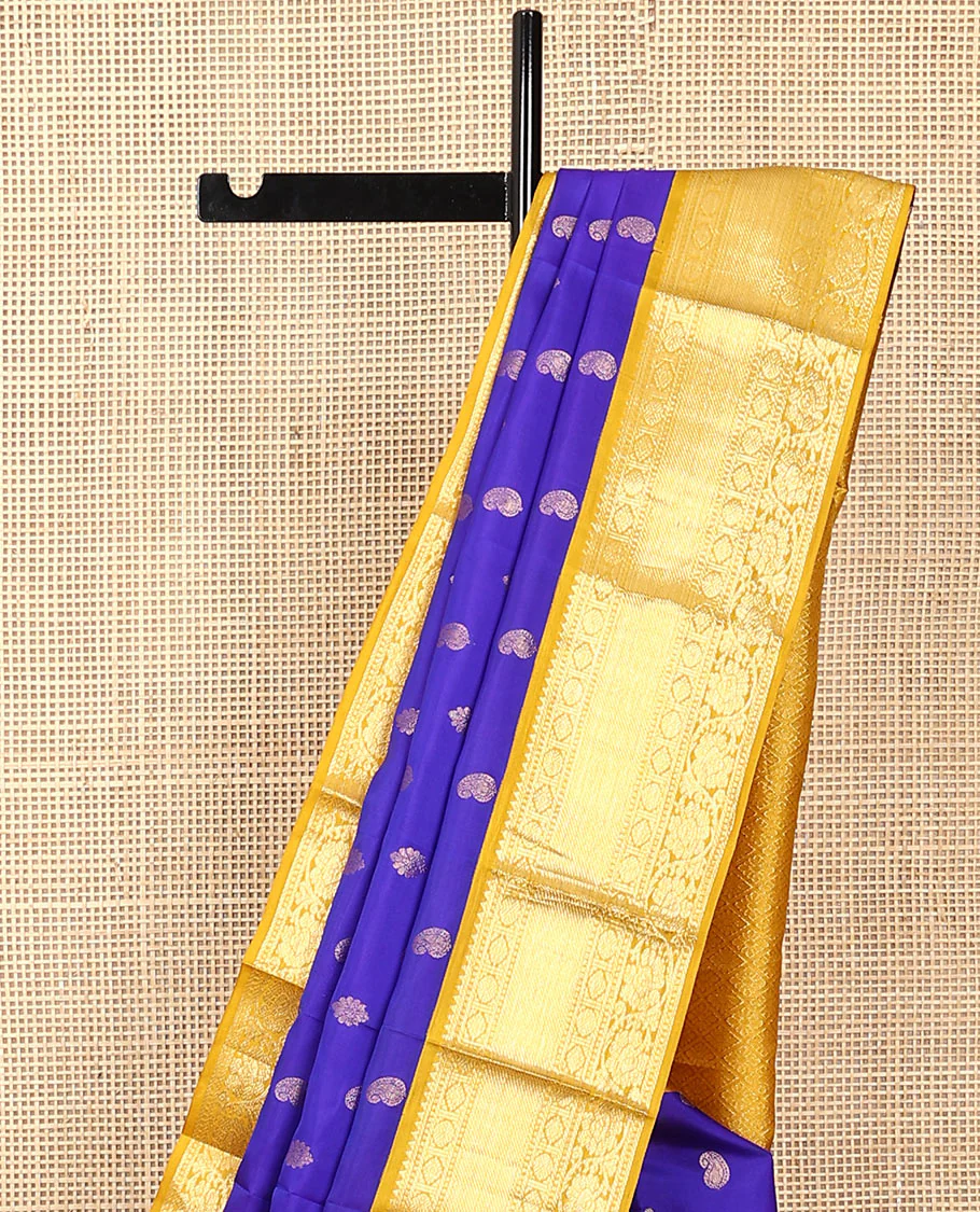 Blue zari buttas Vasundhara silk saree, contrast border of rekku, banaras, rudraksham, diamond, and kodi visiry designs, and jaal pallu - Image 3